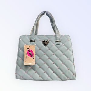 Betsy Johnson Luv Quilted satchel Crossbody Handbag light blue with pink hearts